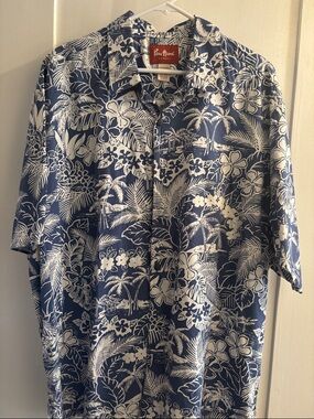Pau Hawaii Blue & White Tropical Print Camp Shirt